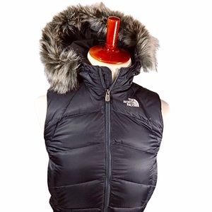 Hooded down vest with removable fur trim